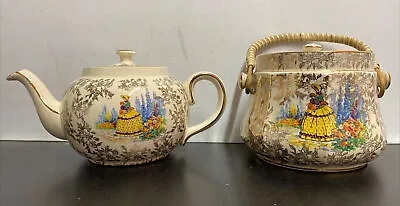Buy Vintage 1930s Sadler Teapot Crinoline Lady & Biscuit Barrel Gilt Design • 49.99£
