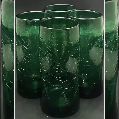 Buy Rainbow Glass Green Pinched Dimple Handled Crackle Tumblers 4pc 1954-73 USA 6 T • 84.52£