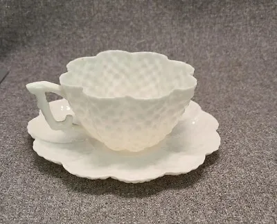 Buy Antique Belleek 2nd Black Mark Pine Cone Porcelain Tea Cup & Saucer RARE White • 156.54£