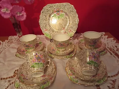 Buy Lovely  Vintage Bone China Tea Set Matching Floral & Gold Chintz Trios • 28£