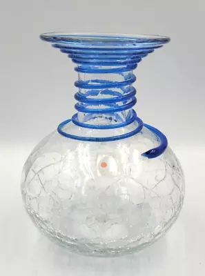 Buy Vintage Blenko Glass #8318 Crystal Crackle Glass Vase With Blue Rings  • 59.76£