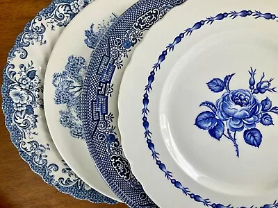 Buy Vintage Mismatched China Dinner Plates ~ Set Of 4 ~ Blue & White • 41.74£