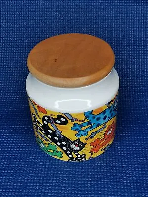 Buy Dunoon Pottery, Yellow Crazy Cats 5” Stoneware Storage Jar Canister, Wooden Lid • 14.99£