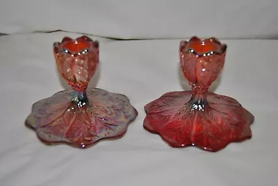 Buy Vintage Imperial Ruby Red Carnival Glass Candle Holders Iridescent • 43.16£