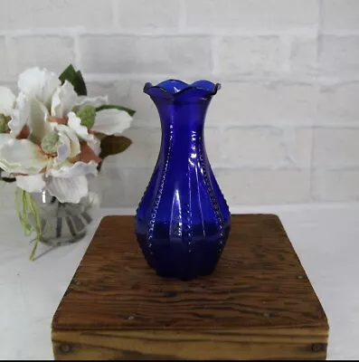 Buy Vintage Cobalt Blue Indiana Glass Beaded Zipper Vase Marked USA M0224 • 15.34£