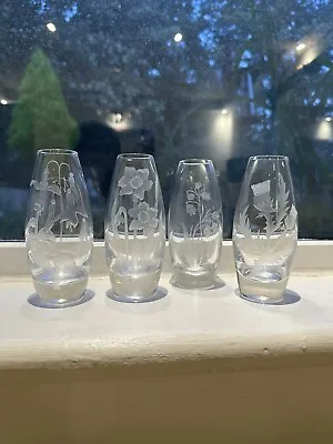 Buy 4x Stuart Strathearn Crystal Bud Vases,Etched British Flowers Collection. RARE! • 20£