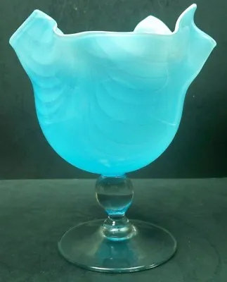 Buy Rare English Art Glass Blown NAILSEA Blue Opalescent Large Handkerchief Compote • 72.39£