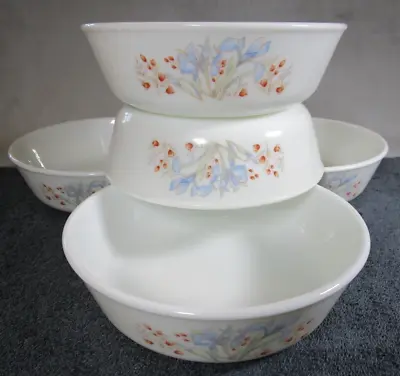 Buy 5 Lovely Vintage Pyrex Glass Blue Iris Floral Cereal Bowls / Dessert Dishes • 14.95£