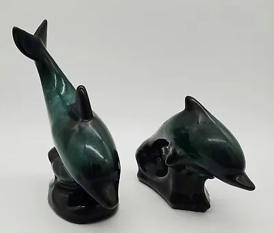 Buy Vintage Blue Mountain Art Pottery Dolphin Figurine Set/2 Green Black • 26.54£