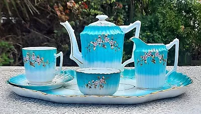Buy AN ANTIQUE BONE CHINA TEA FOR ONE SET - 6 Pcs - PINK FLORAL ON TURQUOISE • 10£