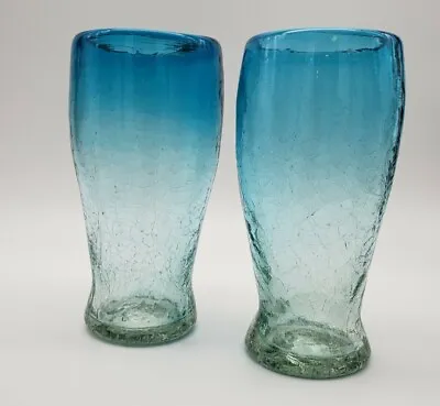 Buy Vintage Crackle Glass Set Of 2 Tumblers.  Turquoise Fade To Green Glass • 15.17£