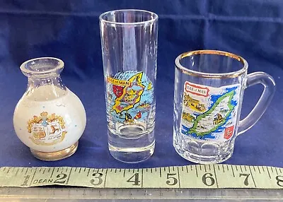 Buy Three Vintage Isle Of Man Crested Glass Souvenirs Two Mini Vases & Mini Tankard • 2.99£