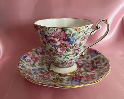 Buy Royal Standard Chintz Pink Blue Flowers Teacup & Saucer Fine Bone China England • 22.71£