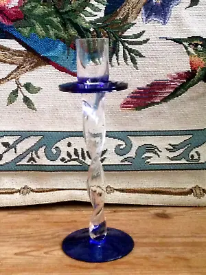 Buy Contemporary Modern Blue & Clear Glass Twisted Stem Candlestick • 5.50£