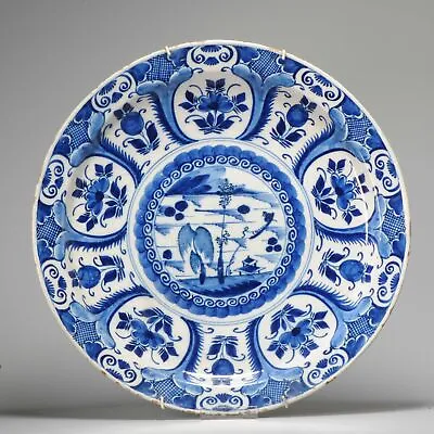 Buy Antique 18th C Blue And White Kraak Style Dutch Delftware Plate. 40 CM • 825.75£