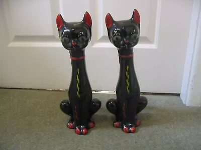 Buy 2 Retro Kitsch 1960s 13  Tall Long Neck Black Red Cat Ceramic Ornament Figurines • 9.99£