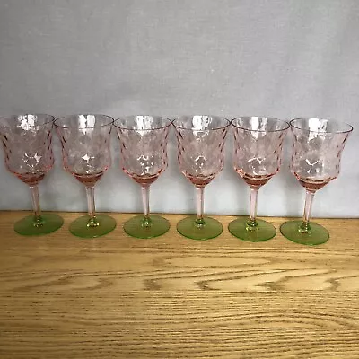 Buy 6 Vintage Tiffin? Watermelon Pink Optic Bowl Green Stem 6.5” Wine Glasses - Nice • 165.77£