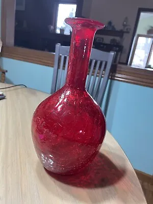 Buy Beautiul Vintage Red Blown Crackle Glass Vase 11” Tall Unmarked • 14.17£