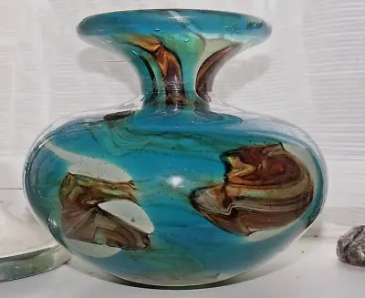 Buy Mid Century Signed MDINA Maltese Art Glass Blue & Copper 12cm Vase TIGER Fault • 31.95£