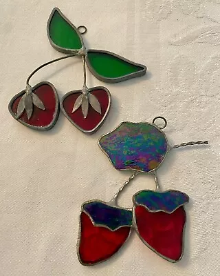 Buy 2 Vintage Leaded Stained Glass Strawberries And Cherries Sun Catchers Hand Made • 14.34£