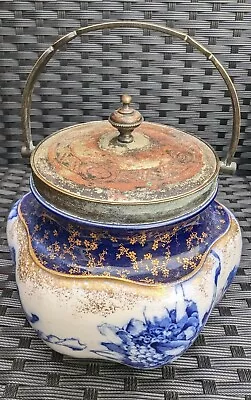 Buy Antique Royal Doulton Burslem Biscuit Jar Barrel Blue & Gold Circa 1901 - 1922  • 47£