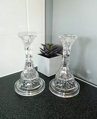 Buy PAIR VINTAGE HEAVY PRESSED GLASS CLEAR TAPERED CANDLESTICK HOLDERS 18cm HIGH  • 21.95£