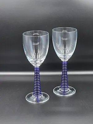 Buy Pair Of Cobalt Blue Spiral Stemmed Clear Wine Glasses Vintage Beautiful  • 14£