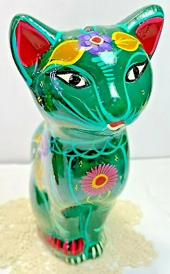 Buy Green Pottery Hand Painted Kitty Cat Bank Terra Cotta Mexico • 18.96£