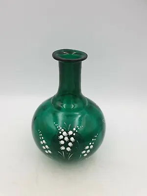 Buy Antique Hand Blown Emerald Green Glass Bottle Carafe Va Painted Lilies Of Valley • 104.99£