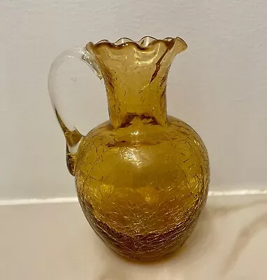 Buy Vintage Yellow Crackle Glass Small Pitcher Vase 4.25” Scalloped Top AS IS • 4.75£