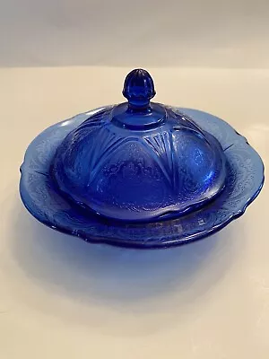 Buy Hazel Atlas Cobalt Blue Royal Lace Depression Glass Covered Butter Dish 1930's • 260.90£
