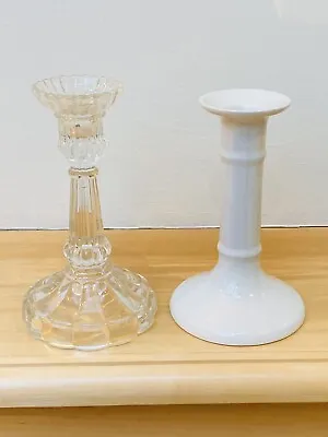Buy 2 Vintage Candle Sticks. 1 X Glass H18cm & 1 X China H16.5cm From 1930-40’s. VGC • 9.99£