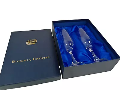 Buy Bohemia Crystal Champagne Flutes Pair Boxed With Floral Etched Design Glasses • 1.99£