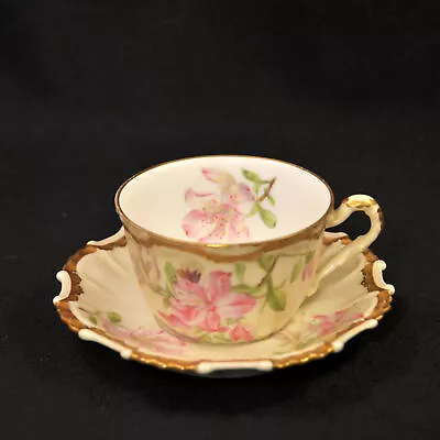 Buy T&V Cup & Saucer Hand Painted Pink Honeysuckle Flowers W/Gold 1892-1907 Limoges • 69.03£