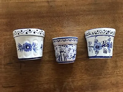 Buy Trio Of Vintage Wall Pocket Vases Blue & White Ceramic Hand-Painted Portuguese • 20£