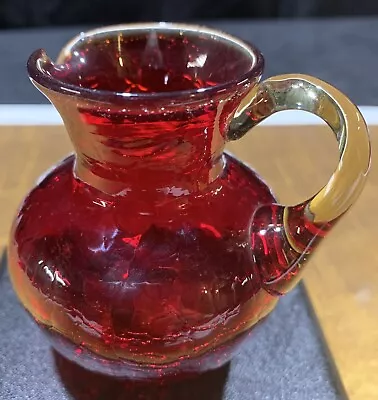 Buy Vintage Mini Blown Ruby Red Crackle Pinched Pitcher/Jug. Amber Handle 3.25 “ • 9.63£