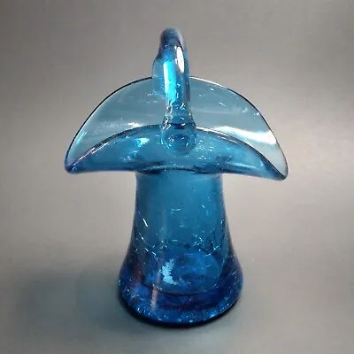 Buy Vintage Blue Pilgrim Hand Blown Small Crackle Glass Basket Shape Bud Vase 4.5  • 9.58£