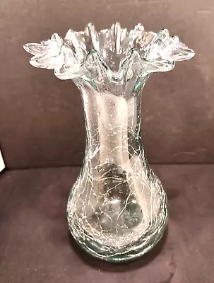Buy VTG Ice Blue Blenko CRACKLE GLASS RUFFLED RIM Vase Nice Sparkle/Gift! 8  Tall • 47.39£