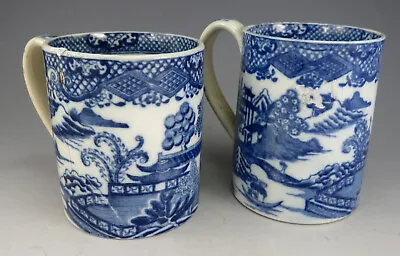 Buy Two Antique Pottery Pearlware Blue Transfer Swansea Cambrian Small Mugs 1810 • 41£