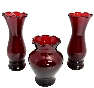 Buy Anchor Hocking Royal Ruby Red Ruffled Edge Vases • 17.99£