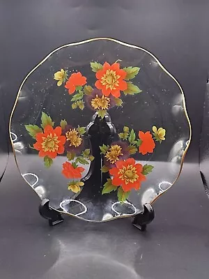 Buy Vintage Chance Glass Clear Red Dahlia Design Plate Ruffle Edge Gold Rim 21 Cm • 9.99£
