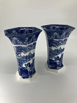 Buy Pair Of  Antique Hexagonal Cauldon  Blue & White “Chariot” Pattern  Vases C1905 • 32£