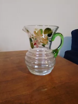 Buy Vintage Art Deco Small Glass Milk Jug Creamer With Hand Painted Flowers 11cm • 7.50£