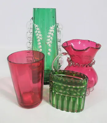 Buy Antique Vintage Pink & Green Glassware Mary Gregory? Hand Painted Vase Cranberry • 50£