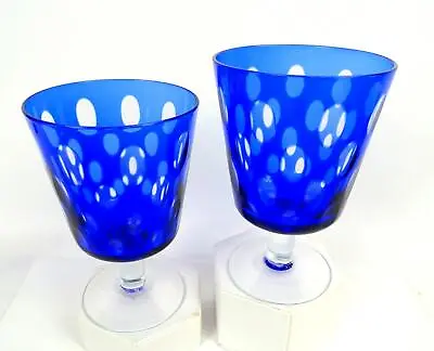 Buy Chinese Crystal Cobalt Cut To Clear Thumbprints 2pc 5 7/8  Goblets 1960s • 43.76£
