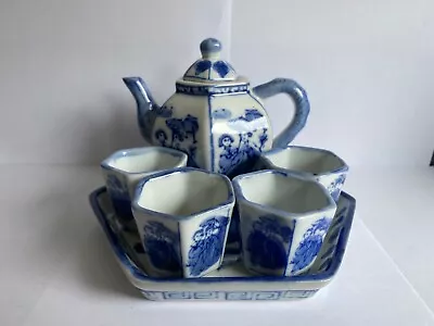 Buy Blue And White Miniature Tea Set With Teapot, Tray And 4 Cups • 4.99£