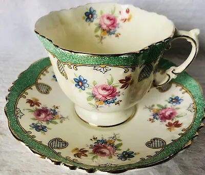 Buy Antique Aynsley Heirloom English Bone China Gilt Cup/Saucer Green Flowers Hearts • 94.72£