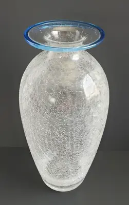 Buy Clear Crackle Art Glass Vase With Applied Blue Rim 11.75  Tall Hand Blown Heavy • 18.84£