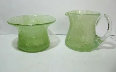 Buy Vintage Green Art Glass Sugar Bowl And Milk Jug With Crackle Surface • 12.50£
