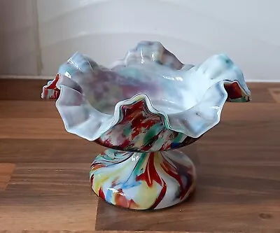 Buy Vintage Hand Blown Art Glass  Multi Color Splatter Ruffled Vase/Candle Holder • 15£